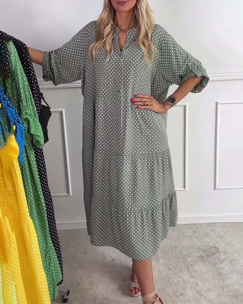 Women's lightweight flowing midi dress with polka dot pattern, tiered skirt and roll-up sleeves Mune Fashion