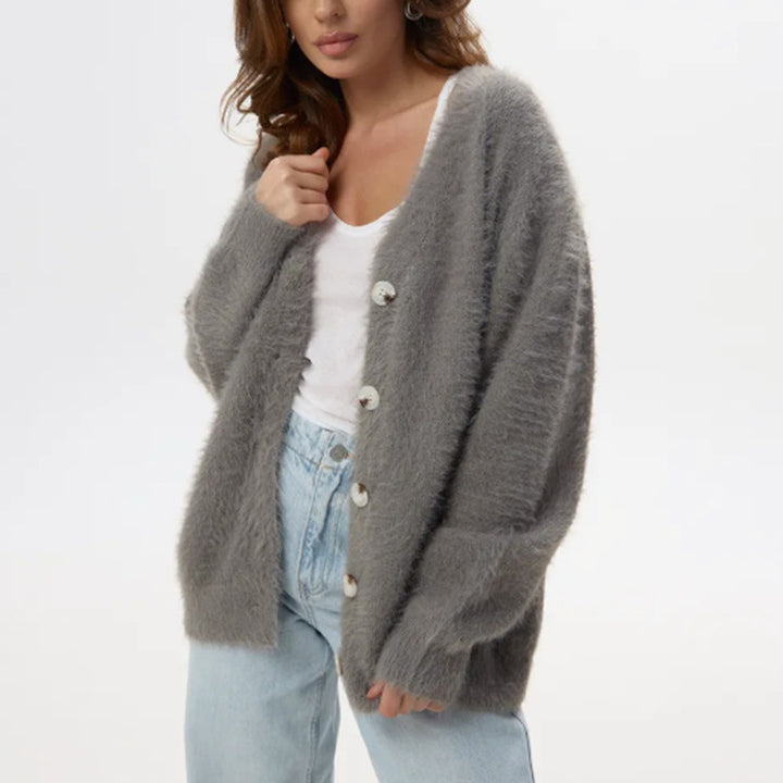 Women's fluffy mohair-look button cardigan with dropped shoulder and mother-of-pearl buttons Mune Fashion