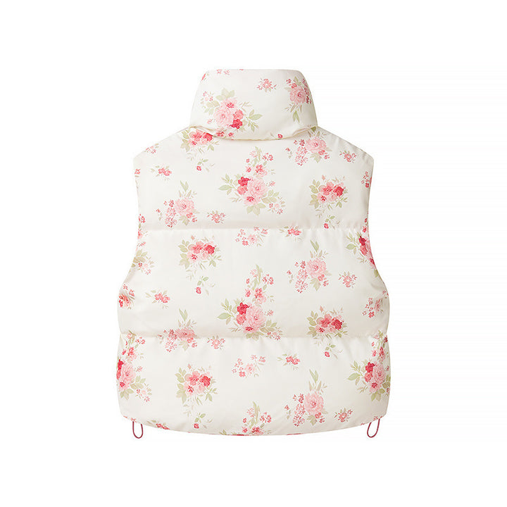 Women short cut quilted vest with stand-up collar and floral pattern Mune Fashion