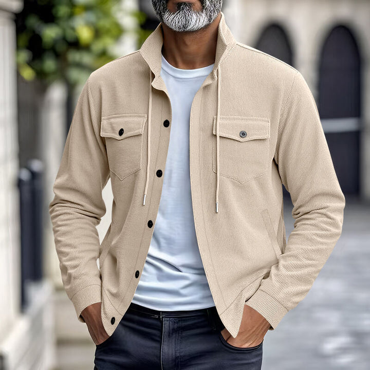 Men's functional cord shirt jacket with high stand collar, drawstring, and patch pockets Mune Fashion