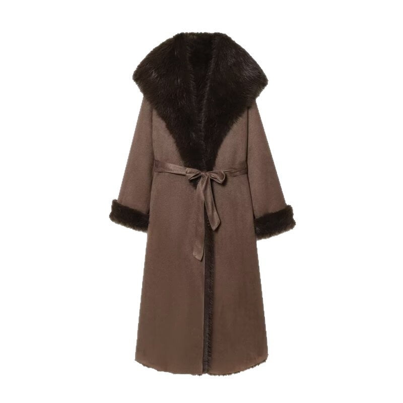 Women's Long Sheepskin Look Coat with Hood, Tie Belt and Faux Fur Trim Mune Fashion