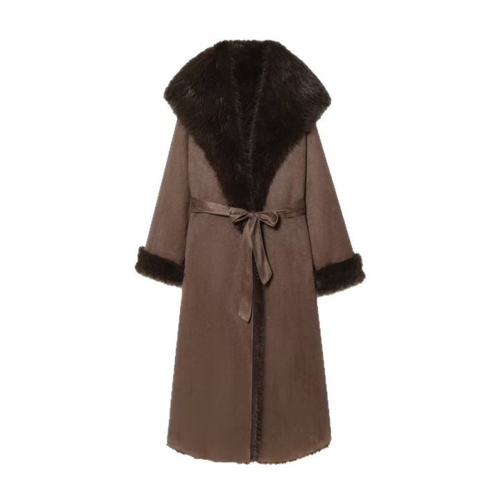 Women's Long Sheepskin Look Coat with Hood, Tie Belt and Faux Fur Trim Mune Fashion