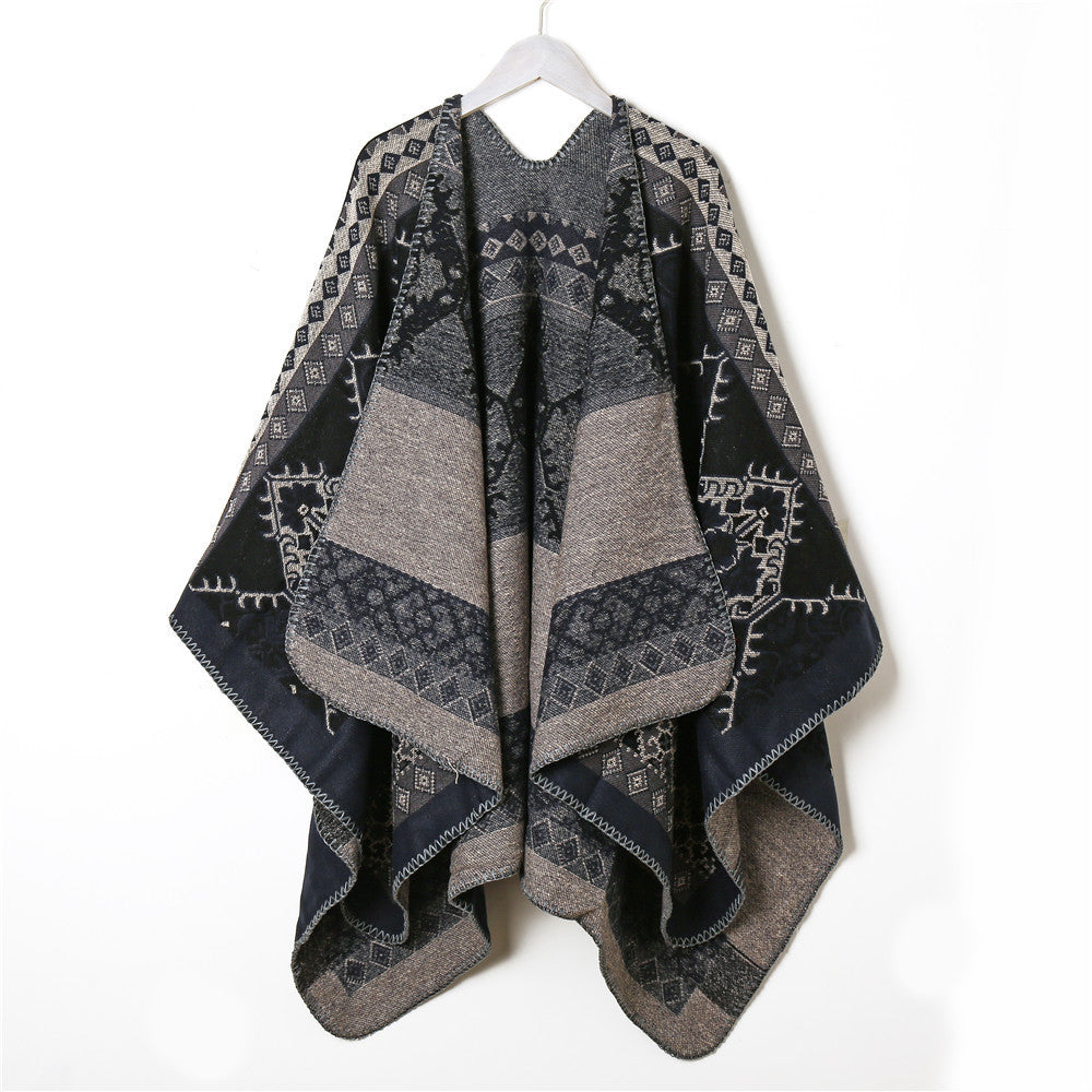 Ladies wool blend jacquard cape poncho in ethnic look with decorative stitch Mune Fashion