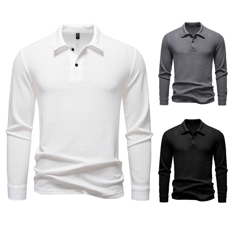 Men's Waffle Knit Polo Shirt with Half Button Placket and Shirt Collar Mune Fashion