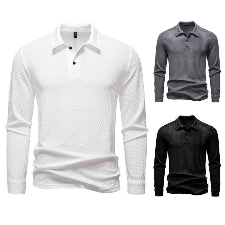 Men's Waffle Knit Polo Shirt with Half Button Placket and Shirt Collar Mune Fashion
