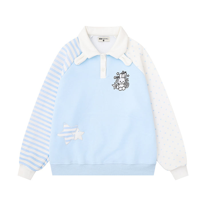 Women's Long Sleeve Polo Sweatshirt in Patchwork Style with Contrasting Sleeves and Star Applications Mune Fashion
