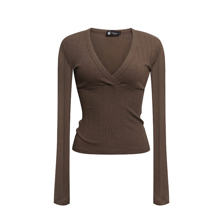Women's Fitted Ribbed Wrap Top with Deep V-Neck Dress
