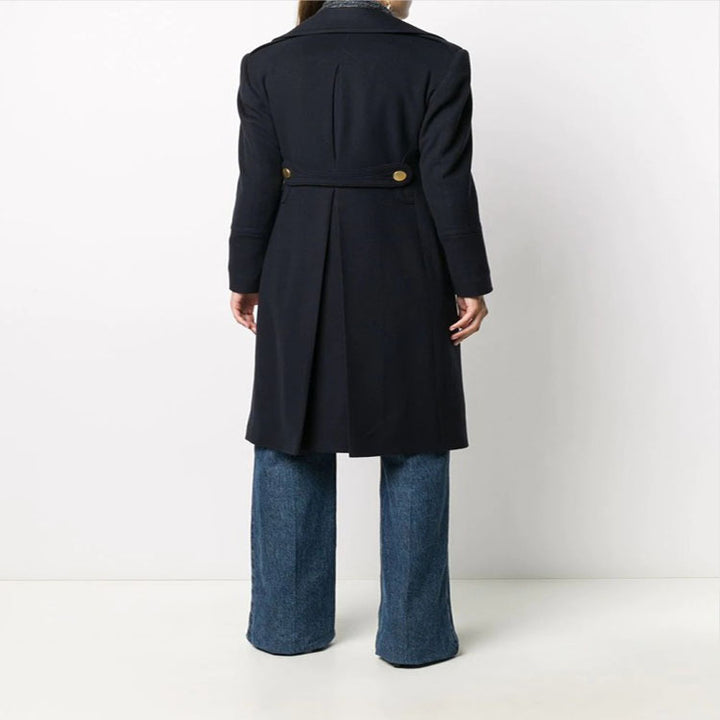 Women Tailored Double-Breasted Coat with Wide Lapels and Gold Decorative Buttons Mune Fashion