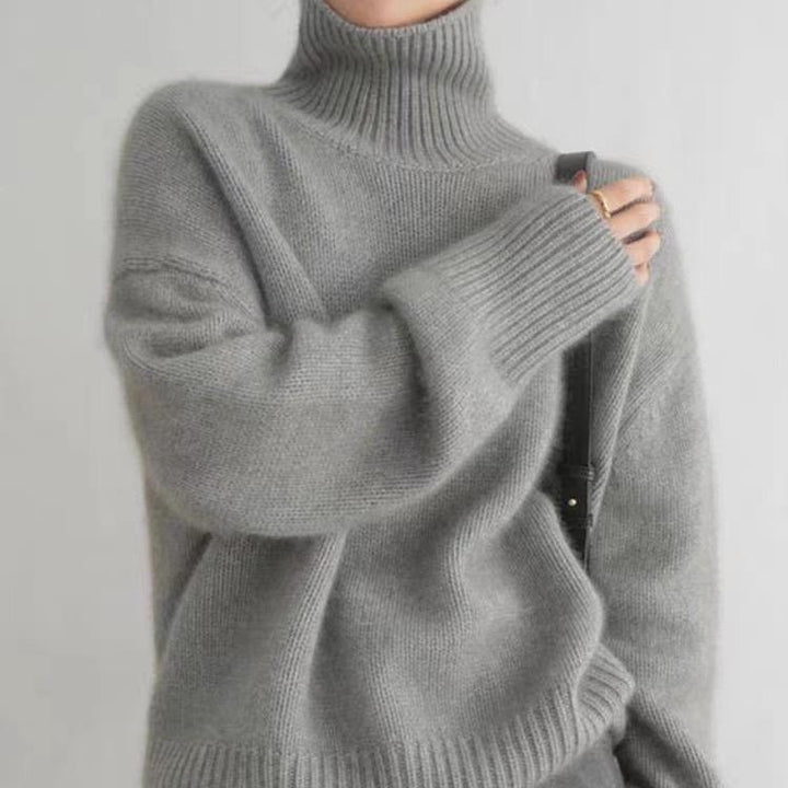 Women's Oversized Fine Knit Sweater with High Roll Neck and Side Slits Mune Fashion