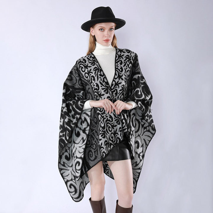 Women's Oversized Kimono Poncho in Jacquard Knit with Ornamental Pattern and V-Neck