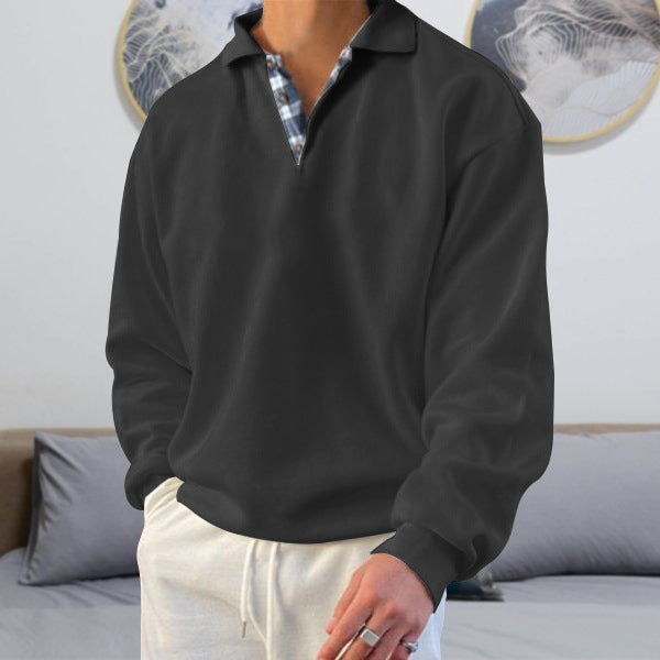 Men's casual long sleeve polo with open V-neck, shirt collar, and check inside placket Mune Fashion