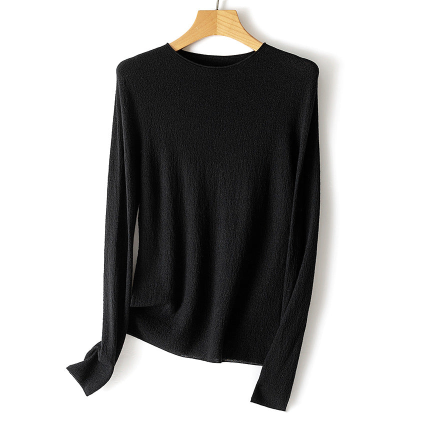 Women Lightweight Structured Long Sleeve Knit Sweater with Round Neck and Fine Crinkle Look Mune Fashion
