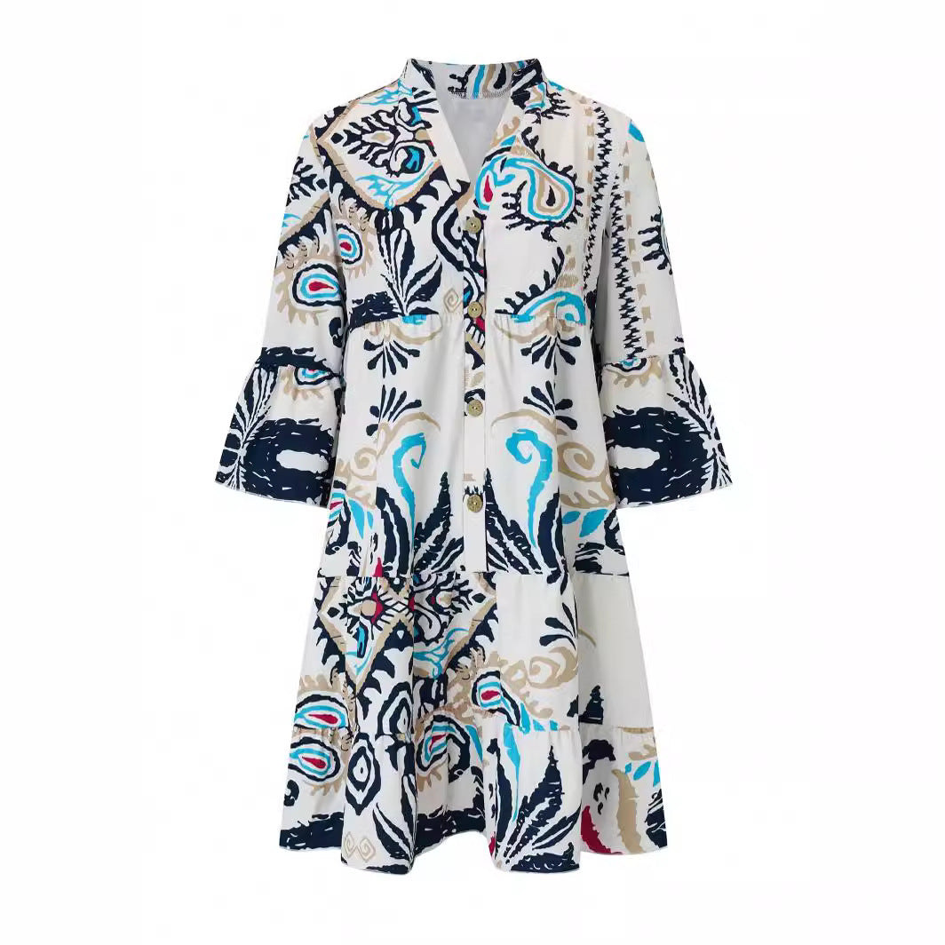 Women's Tiered Shirt Dress with Open Stand Collar, Button Placket and Three-Quarter Bell Sleeves Mune Fashion