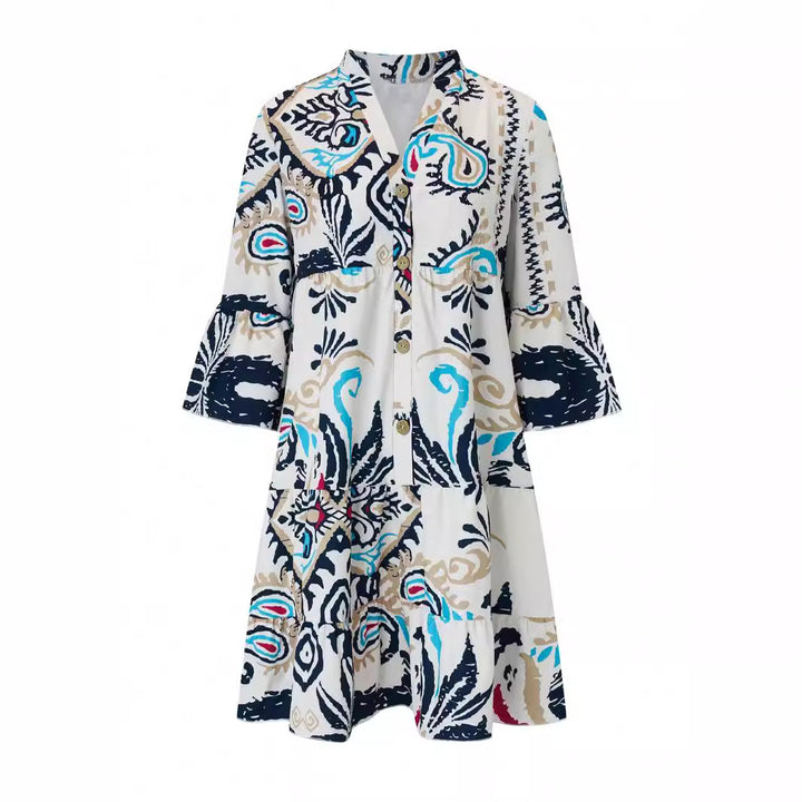 Women's Tiered Shirt Dress with Open Stand Collar, Button Placket and Three-Quarter Bell Sleeves Mune Fashion