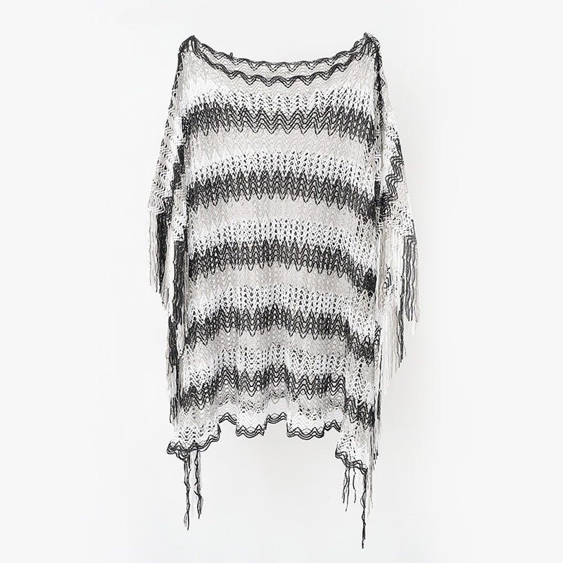 Women Light Macramé Net Poncho with Long Fringe Mune Fashion