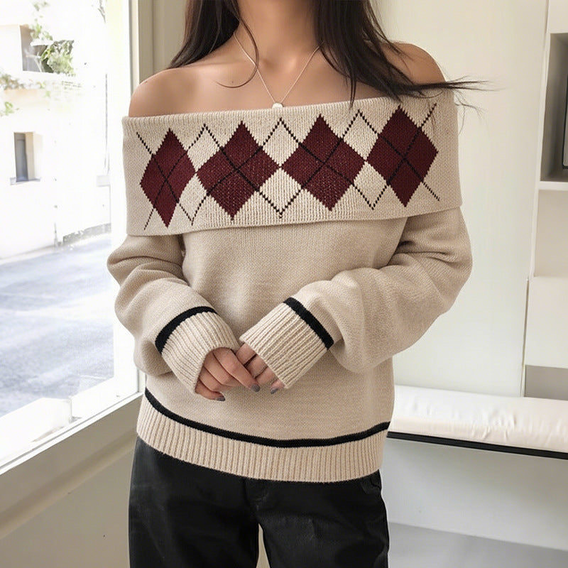 Women's Off-The-Shoulder Oversized Knit Sweater with Folded Collar and Diamond Pattern