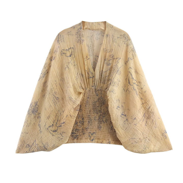 Women 1000+ lightweight Cropped Kimono Top with Smocked Waist and Deep V-Neck Mune Fashion
