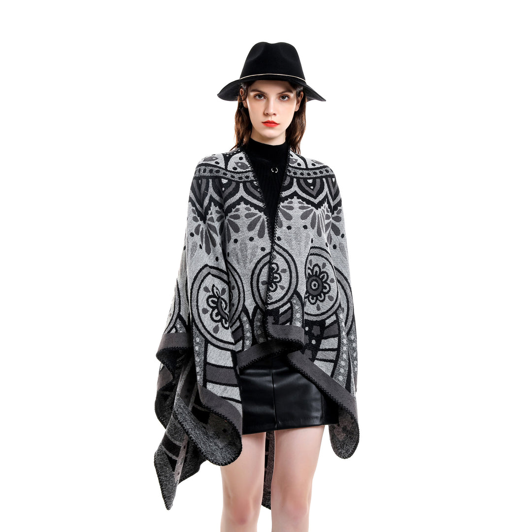Women's wool blend cape poncho with ornamental jacquard structure and open fall Mune Fashion