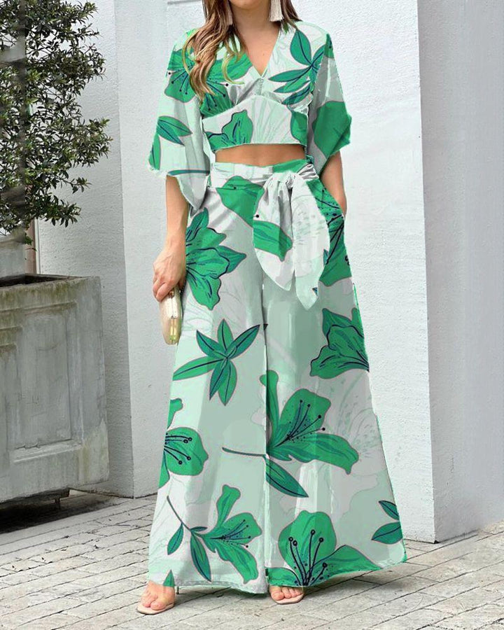 Women's Two-Piece Summer Set with Wrap Crop Top and High-Waist Palazzo Pants EB