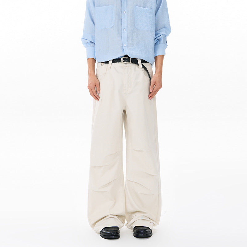 Men's Wide Relaxed Twill Pants with a Low Crotch, Floor-Length Silhouette, and Belt Loops Mune Fashion
