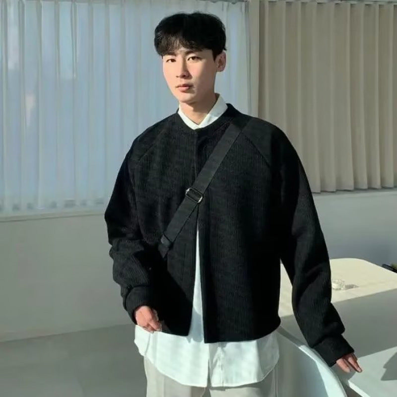 Men's Collarless Boxy Ribbed Knit Cardigan with Concealed Snap Placket Mune Fashion