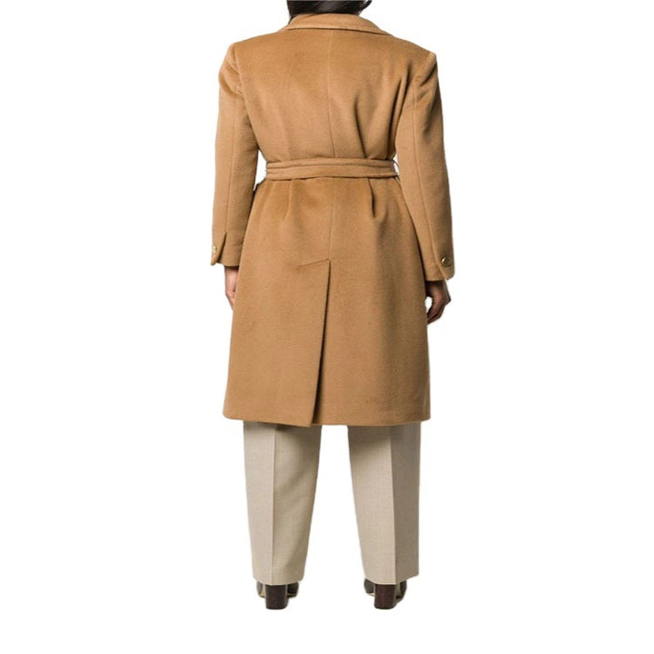 Women's mid-length noble wool blend coat in double-breasted style with contoured waist belt Mune Fashion