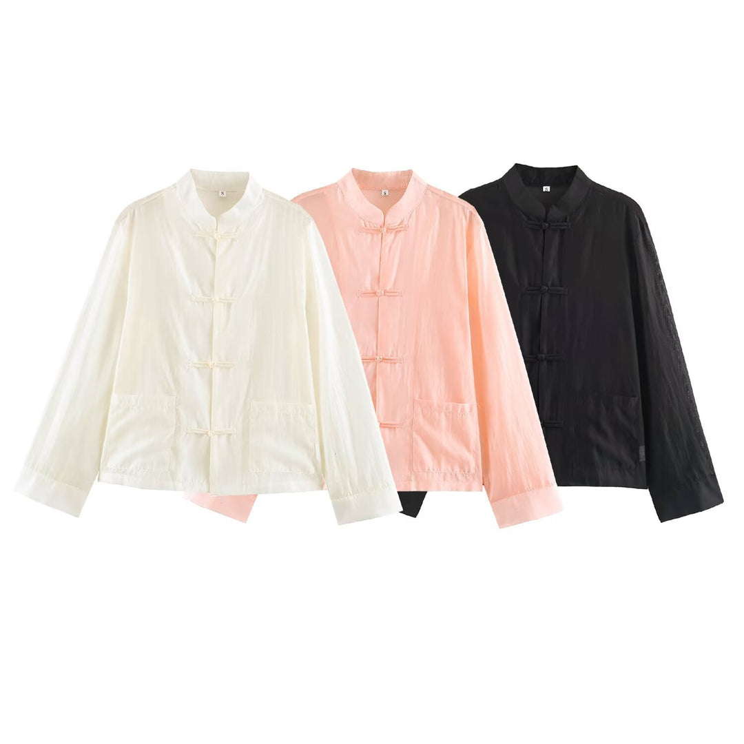 Women's Lightweight Chinese-Inspired Oversized Jacket with Mandarin Collar and Knot Closures Mune Fashion