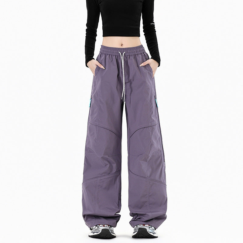 Women Wide Utility Cargo Pants with Elastic Waistband and Zipper Pockets Mune Fashion