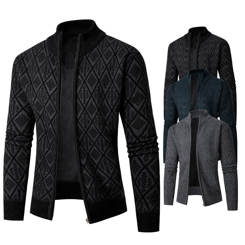 Men's knit zip jacket with diamond jacquard, standing collar and two-way zipper Mune Fashion