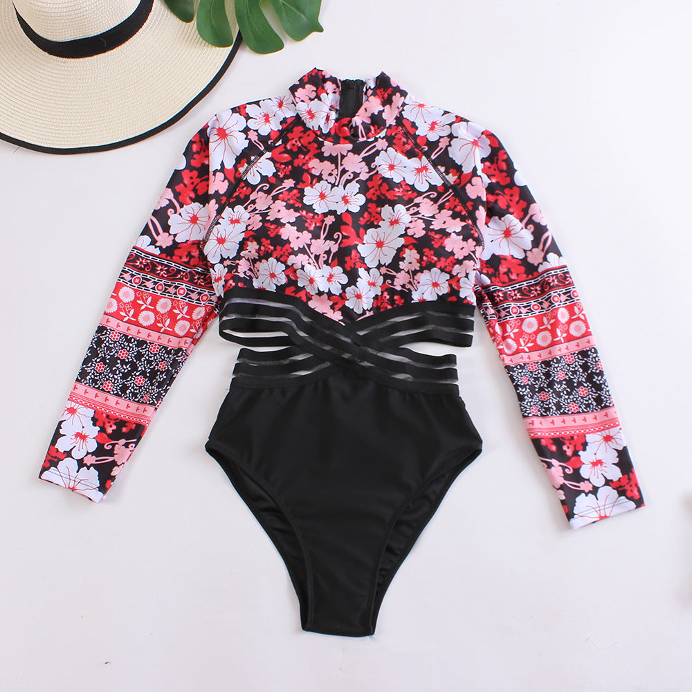 Damen Sportlicher Langarm-Badeanzug mit floralem Design Echo Archiv