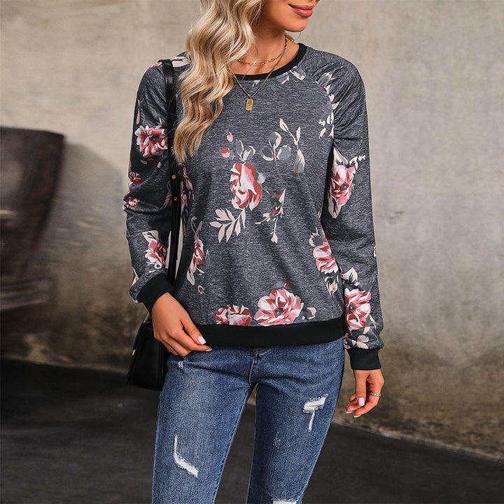 Women's Casual Raglan Sweatshirt with Floral Print and Ribbed Cuffs Mune Fashion