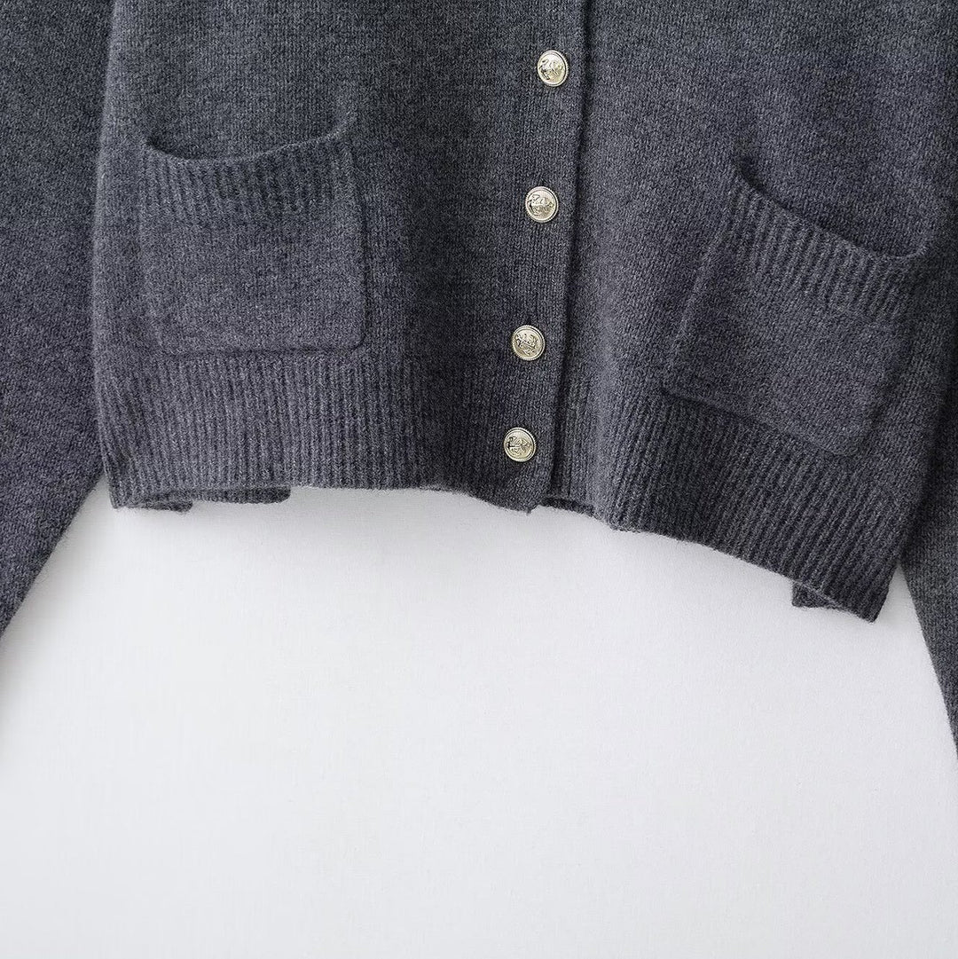 Women's Plus Size Wool Blend Cardigan with V-Neck, Gold Decorative Buttons and Flap Pockets Mune Fashion