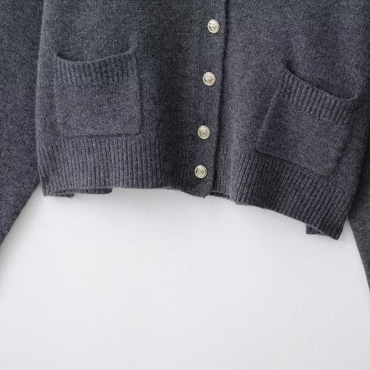 Women's Plus Size Wool Blend Cardigan with V-Neck, Gold Decorative Buttons and Flap Pockets Mune Fashion
