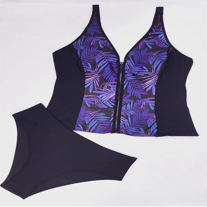 Women's sporty swimsuit with zipper and attractive leaf pattern Mune Fashion