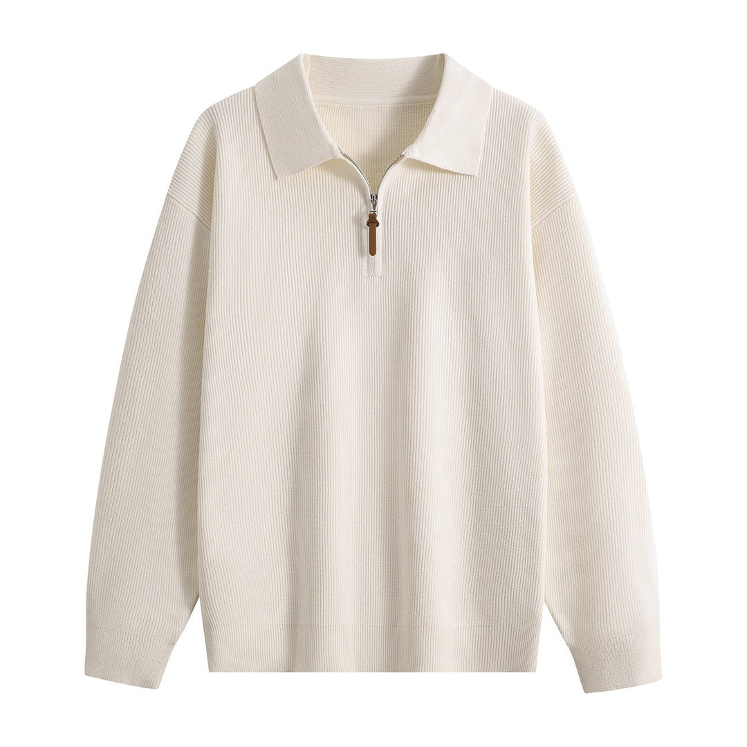 Women's Oversized Ribbed Sweater with Polo Collar & Short Zip Mune Fashion