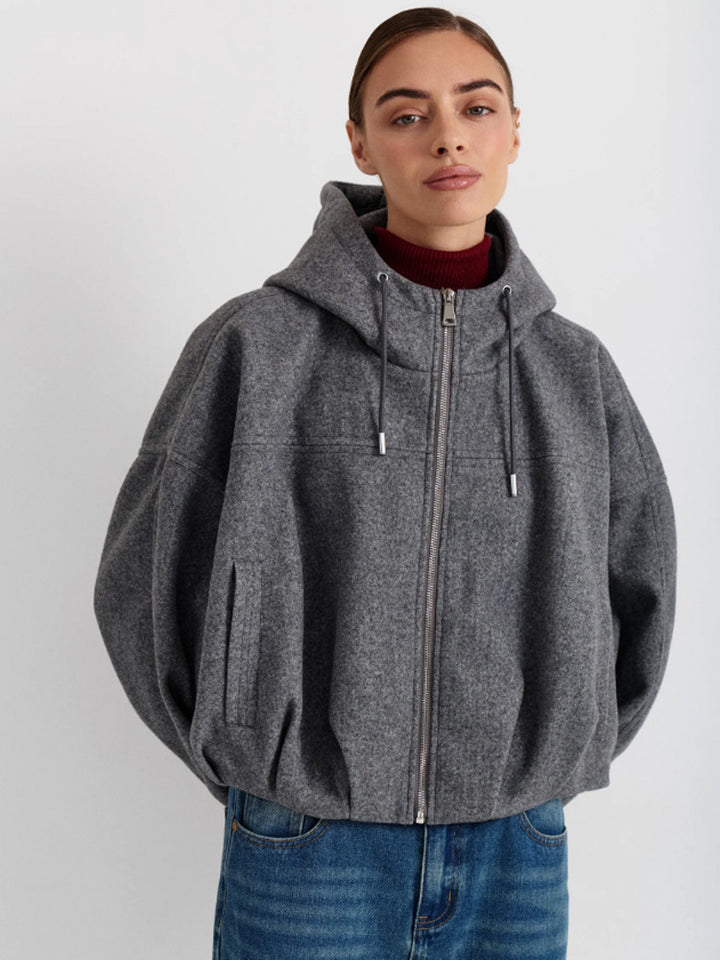 Women’s short jacket made of wool blend with hood, boxy silhouette & gathered hem Mune Fashion