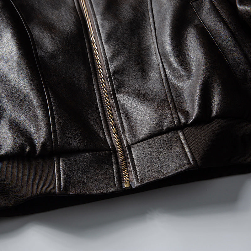 Men's leather bomber jacket in boxy cut with full-length zipper and ribbed hem Mune Fashion