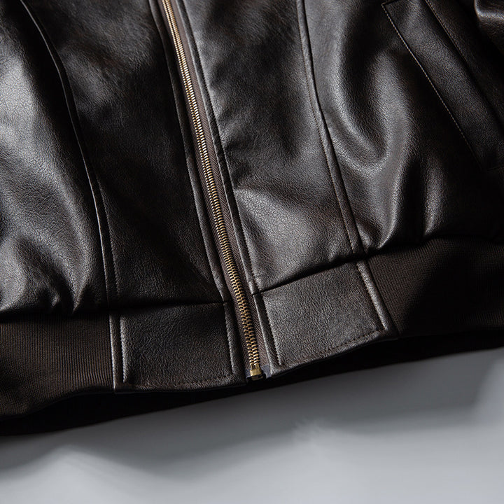 Men's leather bomber jacket in boxy cut with full-length zipper and ribbed hem Mune Fashion