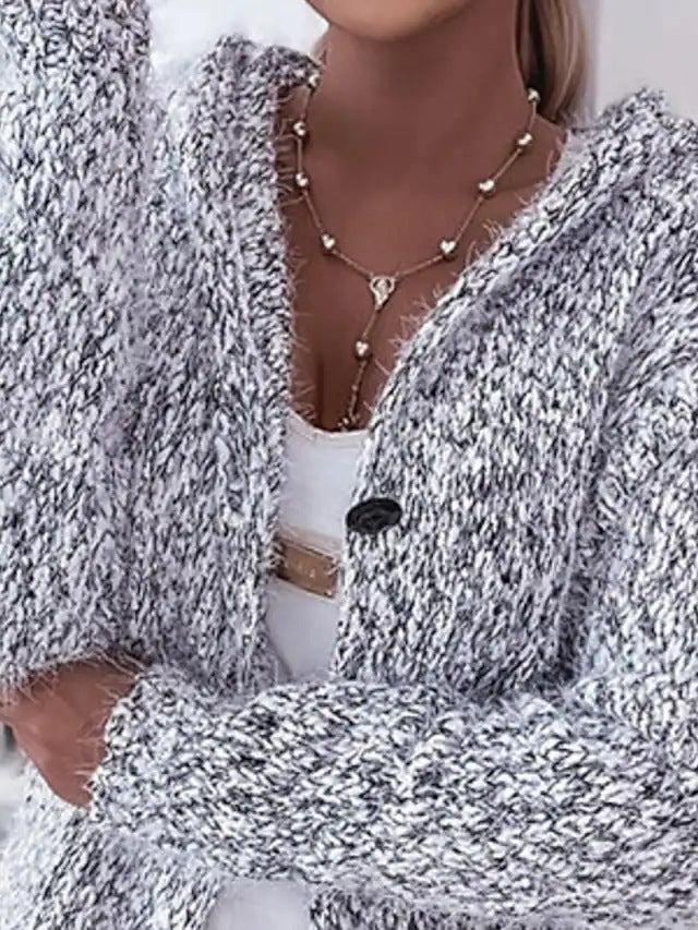 Women Longer Mélange Cozy Cardigan with Hood, Horn Button and Pockets Mune Fashion