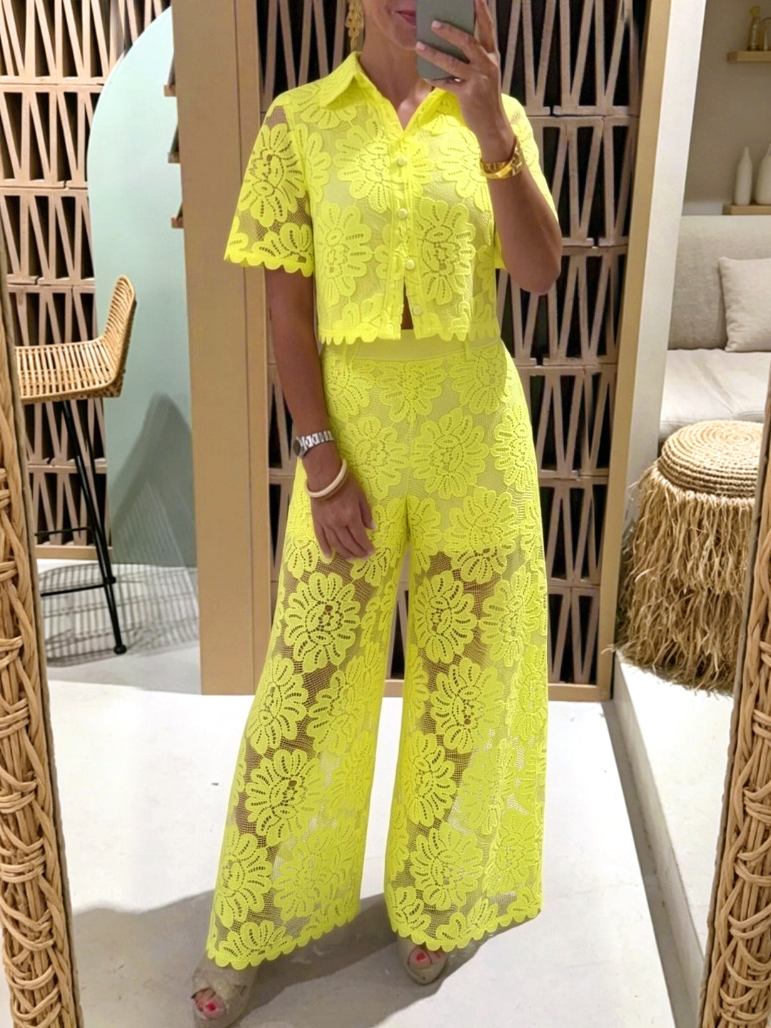 Women's elegant lace combination with short-sleeved blouse, scalloped hem, and tailored palazzo pants with tie belt Mune Fashion