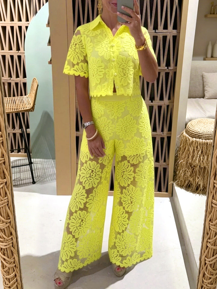 Women's elegant lace combination with short-sleeved blouse, scalloped hem, and tailored palazzo pants with tie belt Mune Fashion