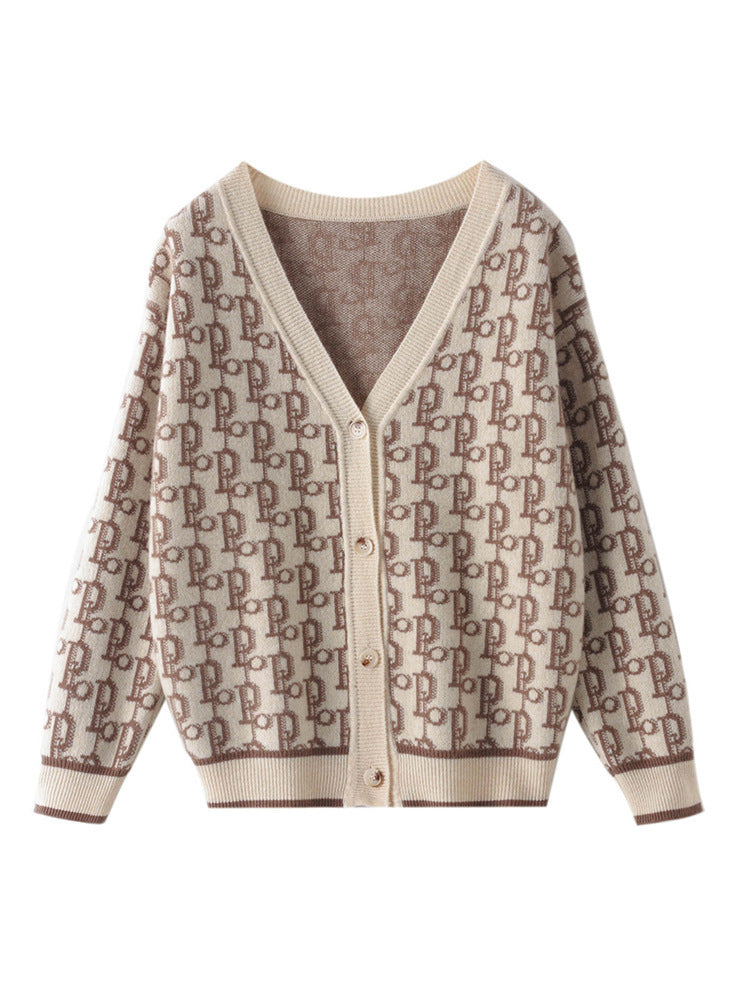 Women's Patterned Jacquard Knitted Cardigan with V-Neck and Pearl Buttons Mune Fashion