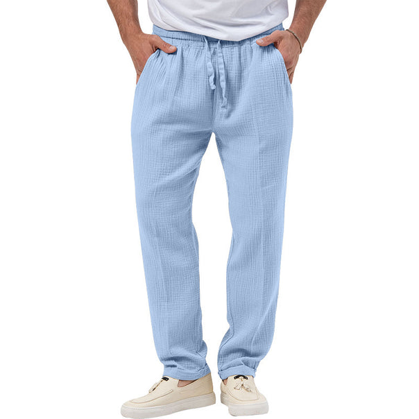 Men's casual muslin leisure pants with elastic waistband drawstring and side pockets Mune Fashion