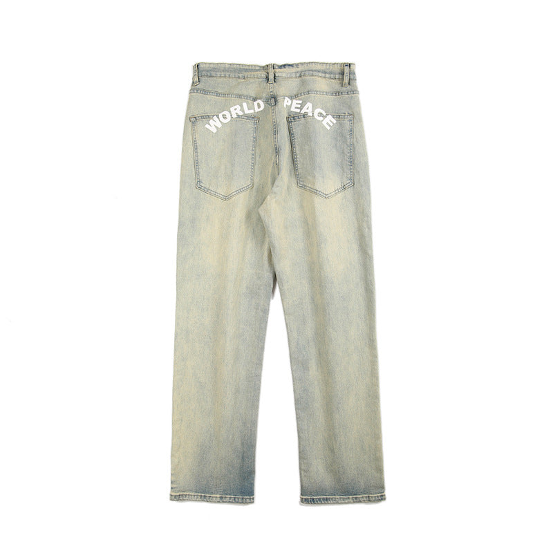 Men's Loose Straight Denim Jeans with Light Stonewash Look and Low Crotch Mune Fashion