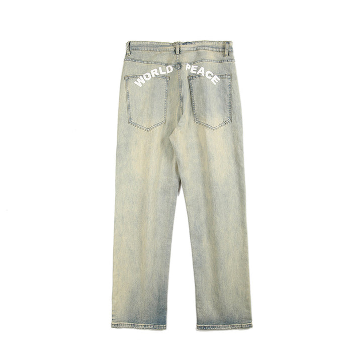 Men's Loose Straight Denim Jeans with Light Stonewash Look and Low Crotch Mune Fashion