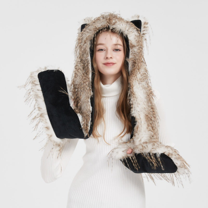 Women's hooded scarf made of luxurious faux fur with ear application and long stola ends Mune Fashion