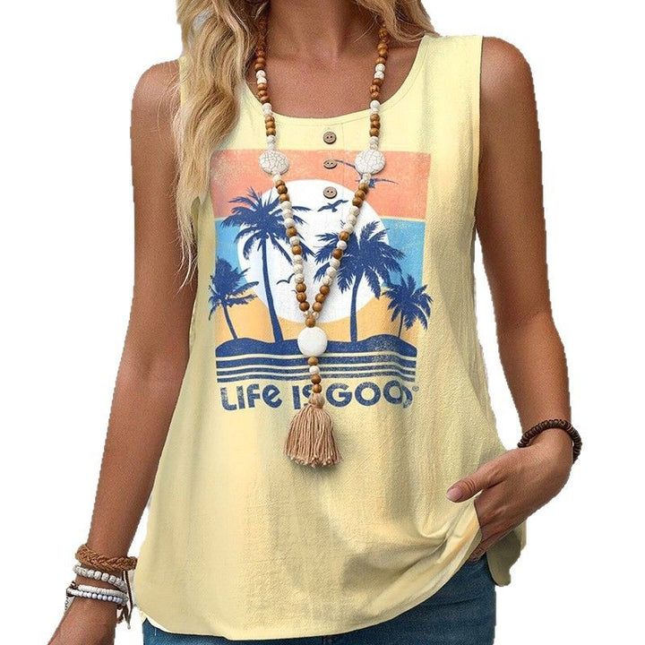 Women's sleeveless summer top with palm motif, decorative button placket and loose fit Mune Fashion