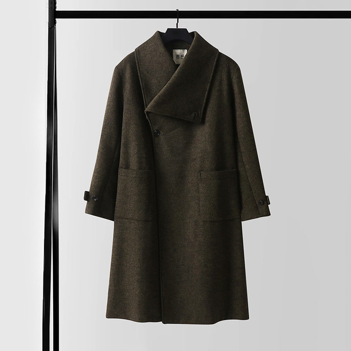 Women Maxi Length Wool Blend Coat with Oversized Shawl Collar and Patch Pockets Mune Fashion