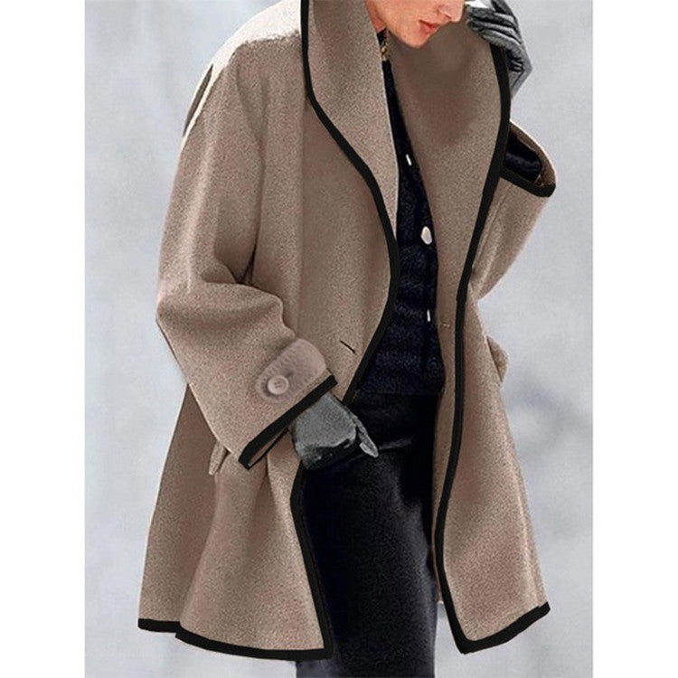 Women's A-line wool blend coat with hood and contrasting piping Mune Fashion