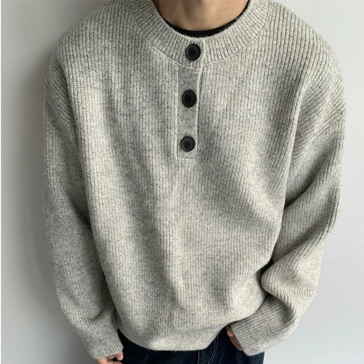 Men's Oversized Knit Sweater with Three-Button Henley Yoke Mune Fashion